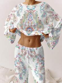 Conjunto de salón mujer estilo bohemio con estampado de cachemir transparente, top de manga larga y pantalones anchos con bolsillo, conjunto de dos piezas para el otoño