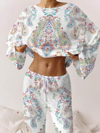 Women's Bohemian Sheer Paisley Print Lounge Set ,Long Sleeve Top And Pocket Wide Pants, Fashion Home Outfit For Autumn, Two Pieces Set Lounge Set