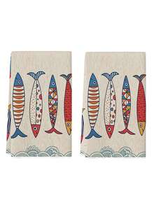 2pcs Vintage Sardine Pattern Kitchen Dishcloth, Made Of Superabsorbent Microfiber With Colorful Geometric Ocean Wave Design, Suitable For Housewarming, Home Cleaning Celebration, And As Countertop Cleaning Towel - Multicolor - View 4