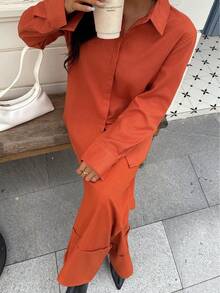 Seelio Spring/Summer New Arrival Lightweight Linen Shirt And Wide Leg Pants Set For Women - Orange - View 4