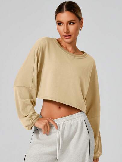 Women's Long Sleeve Fashion Short Soft Sweatshirt Exposed Top Knit Crew Neck Sweatshirt Comfortable Yoga Sports Ultra Loose For Outdoor Sports Gym Wear Fall/Winter
