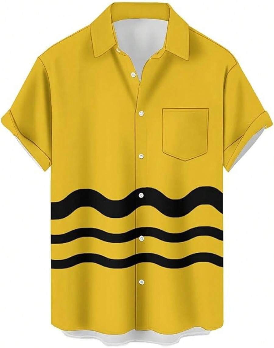 Hawaiian Bowling Shirts For Men Short Sleeve Printed Regular Fit Summer Beach Casual Button Down Aloha Shirtshalloween - 保齡球波黃色條紋 - 查看 1