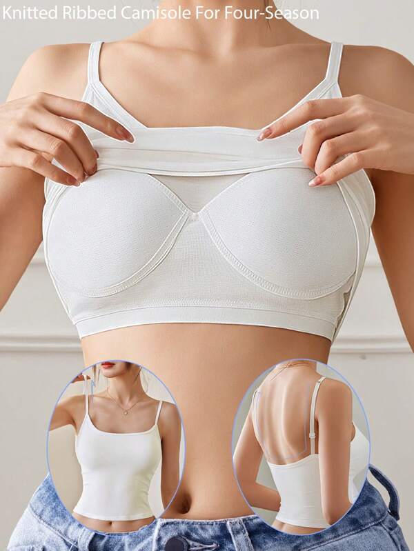 Ribbed Knit Camisole Tank Top Padded Basic Casual Camisole Top Women Sexy Backless Double Top Elastic Spaghetti Strap Crop Top Camisole With Padded Bra Women White Crop Cami Top Undershirt Sleeveless Top Female Vest Crop Top Summer Vacation Outfits, Workout