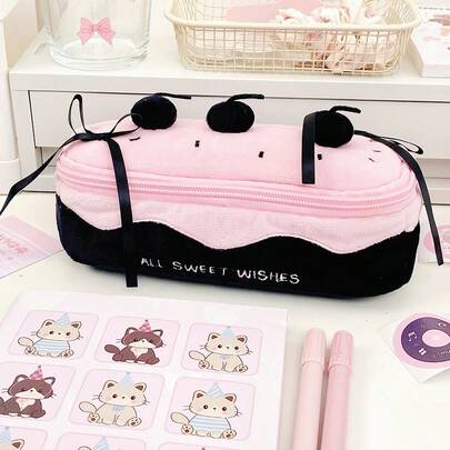 1 hộp đựng bút chì nhồi bông hình bánh anh đào dễ thương mới, túi đựng đồ trang điểm dung tích lớn hình trái tim cho bé gái Ins, túi đựng bút chì văn phòng phẩm cho học sinh