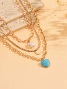 3 件套复古绿松石心形吊坠、巴洛克仿珍珠吊坠和项链套装，手工制作可调节长度，适合女性日常装扮、装饰、节日派对、音乐节 - 綠松石愛心 - 查看 4