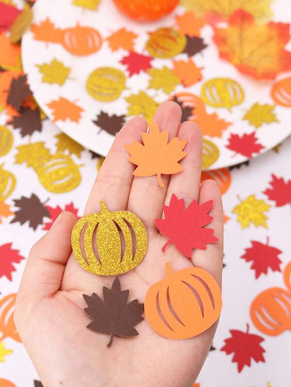 100pcs Autumn Themed Multicolored Confetti - Gold, Orange, Pumpkin, Red, Gold Maple Leaves Tabletop Decorative Confetti, Suitable For Thanksgiving, Gender Reveal, Baby Shower, Birthday Party Decoration