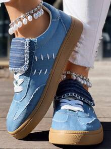 Women's Blue Casual Sports Sneakers, Lace-Up Comfortable Lightweight Flat Shoes, Preppy Style, Back To School Spring/Summer New Arrival, Plus Size - Màu xanh lam - Xem 4