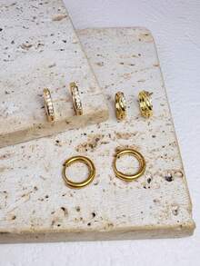 3 Cặp Hoa tai vòng tròn cổ điển CZ có thể xếp chồng lên nhau dành cho nữ, mạ vàng 14K không gây dị ứng đơn giản, hoa tai xoắn bằng Zirconia, sụn cho nhiều khuyên tai trang sức cho nữ - 3 đôi bông tai tròn - Xem 3