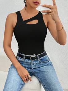 时尚都市性感女式无袖镂空修身背心 - 黑色 - 查看 5