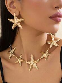 3pcs/Set Fashionable Metallic Texture Starfish Earrings And Necklace Set, Metallic Starfish Stud Earrings, Suitable For Beach Outfits