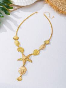 1pc Metal Fashion Ocean Series Shell, Seashell, Starfish Pendant Necklace, Suitable For Women Summer Beach Party - Gold - View 5