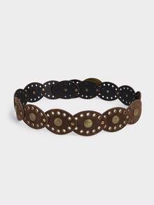 1 szt. Pasek damski w stylu western cowgirl w stylu boho, pasek boho, pas w stylu western, gotycki aksamitny pas w talii z patchworkiem, modny dodatek damski, jesienno-zimowy pasek w kolorze kawy z brązową, retro, kwiatową klamrą, owalny, dodatek do sukienki, odpowiedni na imprezę, plażę, festiwal muzyczny