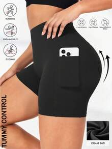 Short de yoga pour femmes avec poches, short de cyclisme noir, short taille haute ajusté sans couture avec contrôle du ventre et effet galbant pour les fesses, cyclisme, course, gym et sports - Noir - Voir 1