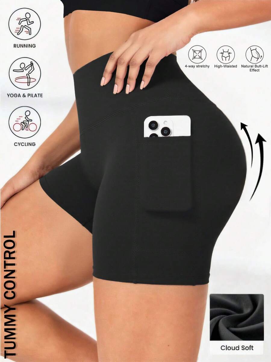 Short de yoga pour femmes avec poches, short de cyclisme noir, short taille haute ajusté sans couture avec contrôle du ventre et effet galbant pour les fesses, cyclisme, course, gym et sports - Noir - Voir 1