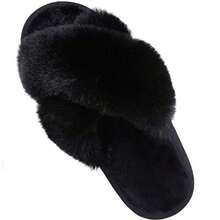 JNHGComwarm Women's Cross Band Fuzzy Slippers Fluffy Open Toe House Slippers Cozy Plush Bedroom Shoes Indoor Outdoor - 黑色 - 查看 1