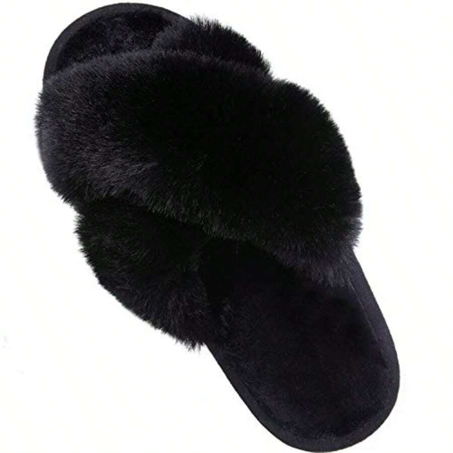 JNHGComwarm Women's Cross Band Fuzzy Slippers Fluffy Open Toe House Slippers Cozy Plush Bedroom Shoes Indoor Outdoor - 黑色 - 查看 1
