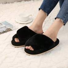 JNHGComwarm Women's Cross Band Fuzzy Slippers Fluffy Open Toe House Slippers Cozy Plush Bedroom Shoes Indoor Outdoor - 黑色 - 查看 2
