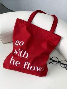 Pastel Pink Holiday Gift Tote Bag With Red Printed Text, Casual Large Capacity Shoulder Tote Canvas Bag, Suitable For Graduates, Teenagers, College Students, Vacation, Beach, Handbag - Red - View 10