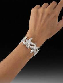 1pc Fashionable Metal Ocean Series Starfish Bangle, Adjustable Open Design Women Summer Beach Holiday Daily Outfit Jewelry - Gold - View 2