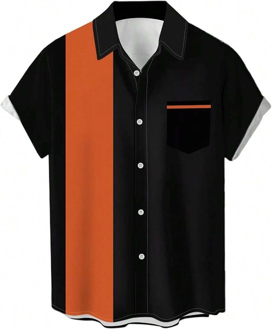 Vintage 1950s Casual Short Sleeve Button Up Contrast Summer Color Block Cuban Bowling Shirts Men - 黑色和焦橙色 - 查看 1