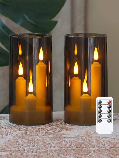 3 st. 3-i-1 flamlösa koniska korta ljus, med 10-knappars fjärrkontroll och timer, batteridrivna 2 LED-akryl 7,5 cm x 15 cm kolumnformade blinkande varmt ljus, lämpliga för födelsedagar, bröllop, halloween, julstämningsdekorationer - grå