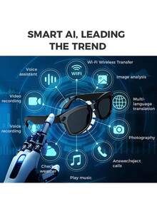 Gafas inteligentes con asistente de voz de IA, reconocimiento de imagen, grabación de video HD de 500MP, traducción en tiempo real para 26 países, música y llamadas inalámbricas, calidad de sonido estéreo con cancelación de ruido ENC, batería de 4 horas, auriculares recargables, diseño unisex adecuado para oficina, viajes y grabación - Negro - Ver 4