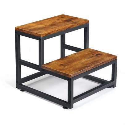 Taburete de 2 escalones resistente, combinación de hierro y madera, capacidad de carga alta de hasta 226.8 kg, aumento de altura de madera, para cambiar de zapatos, para dormitorio, cocina, baño - Gris/Marrón, Taburete de baño | Diseño de taburete elegante | Taburete de madera