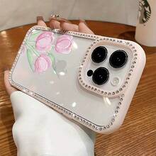 Funda para teléfono 1 unidad, tulipanes rosas, delicada pintura de acuarela, brillante, doble cara | Funda brillante para 11/12/13/14/15/16 pulgadas, funda brillante con brillo profesional y pegatinas de joyas |/ Regalos de cumpleaños para mujer - Blanco - Ver 5