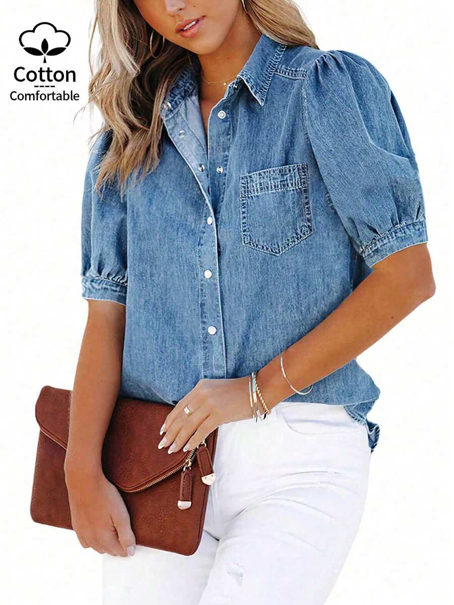 女士中蓝色泡泡袖牛仔衬衫 - 灯笼袖时尚休闲牛仔衬衫 - 中等水洗藍 - 查看 1