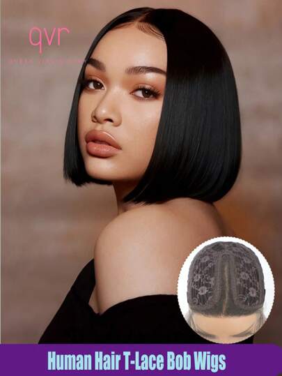 QVR QUEEN VIRGIN REMY Peluca de cabello humano 100% con encaje frontal en forma de T, con cabello virgen Remy, raya al medio, línea natural del cabello, color negro natural, sin pegamento, para mujeres