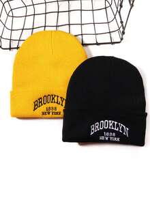 1pc Knitted NY Letter Embroidered Beanie Hat, Popular Autumn/Winter Fashion Unisex Street Style, Multi-Color, Warm & Windproof Fall Outfit