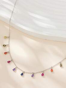 1 Pc S925 Sterling Silver Bracelet Necklace Artificial Zirconia Water Drop Geometric Shape, Fashionable And Elegant Bohemian Style Daily Wear Jewelry - Multicolor - View 6