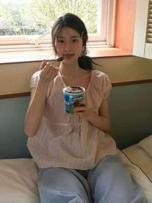 女式甜美蕾丝边 V 领宽松套头短袖衬衫，夏季百搭 - 粉色 - 查看 6