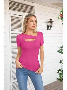 Womens Fashion Fall Cutout Long Sleeve Ribbed Slim Fitted Tops Shirts Tee Tshirts - 短粉紅色 - 查看 3