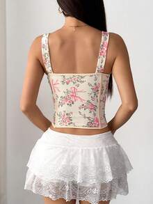 JSE 独立印花交叉系带蝴蝶结束身胸衣 - 黃色 - 查看 6