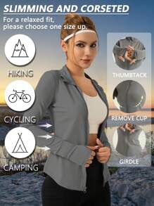 1 pieza Chaqueta de yoga de mujer de moda de primavera, sexy y delgada, unicolor, para uso diario, gimnasio, deportes, running, fitness, secado rápido, de bajo impacto, con cuello alto, abertura para el pulgar, para vacaciones, con cremallera, de manga larga, cómoda y suave, para deportes de verano al aire libre