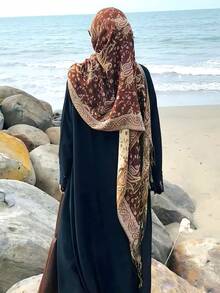 1件女士波西米亚复古佩斯利花卉提花头巾，休闲防晒围巾披肩，适合日常佩戴，秋冬季可搭配连衣裙 - 棕色 - 查看 3