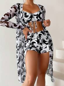 3 Piezas Traje de Baño Bikini para Mujer,Bañador,con Brasier Push Up, Short de Baño de Tiro Bajo y Blusa de Manga Larga para Sol, Estampado de Árboles Tropicales en Verde, Conjunto Sexy y Moderno de Playa para Vacaciones de Verano ,Ideal para Vacaciones en la Playa o Fiestas en Barco, Incluye Protección Solar - Negro - Ver 2