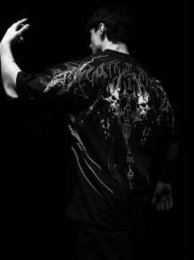 Men Plus Size Summer Dark Retro Casual Short Sleeve Round Neck T-Shirt, Polyester Fabric, Suitable For Sports And Fitness, Emo