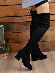 2025 Fall/Winter New Thick Heel Thigh High Boots, Elastic Pointed Toe Tall Boots For Women - Black - View 3