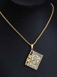 1 件复古宗教男女通用项链，金色可打开圣经书吊坠，男女基督教珠宝