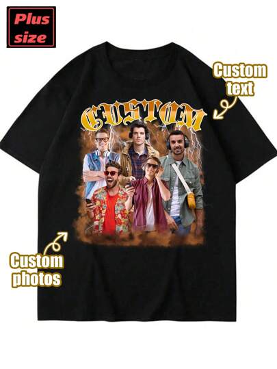 Customized Halloween Graphic Plus Size Men's T-Shirt, Personalized Text, Casual Sports Plus Size Black Tee Shirt For Autumn, Customized Plus Size Men's Short Sleeve T-Shirt, Upload Your Photo/Friend/Pet/Flag Plus Size Men's T-Shirt, Holiday Gift, Birthday Gift Customization