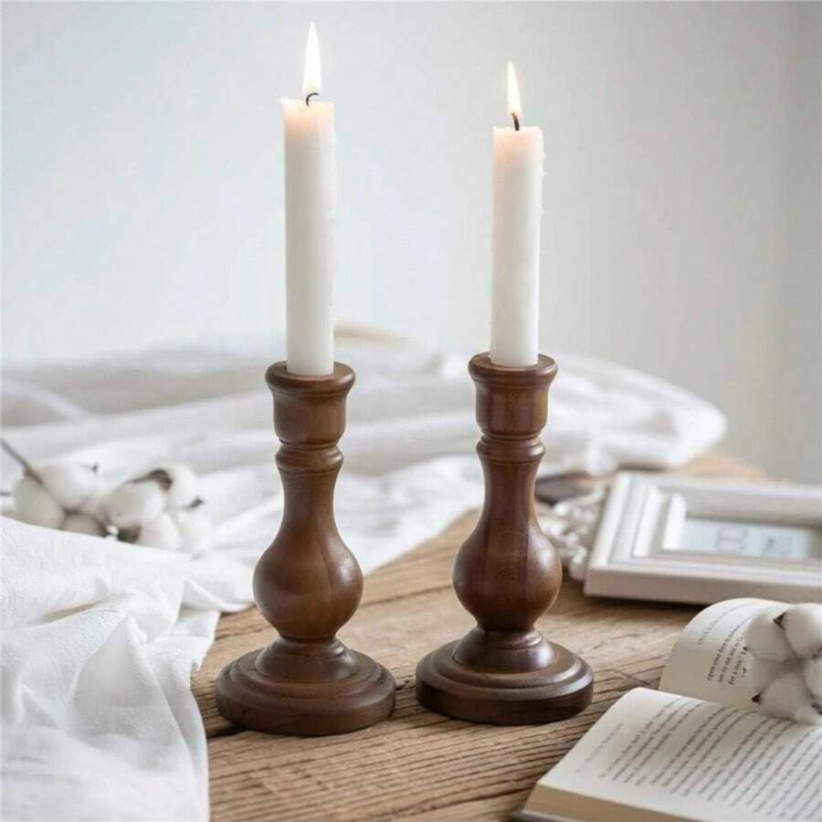 1pc Rustic Wooden Candle Holder, Vintage Distressed Wooden Candle Holder, Wooden Taper Candlestick For Home Tabletop, Fireplace Mantel, Entryway Decor, Church & Wedding Centerpiece, Perfect For Christmas Decorations, Christmas Gifts, Birthday Gifts, Party Decorations, Birthday Decorations, Room Decor, Home Decor, Bathroom Decor, Bedroom Accessories, Home Accessories, Holiday Essential And Kitchen Accessories - Brown - View 1