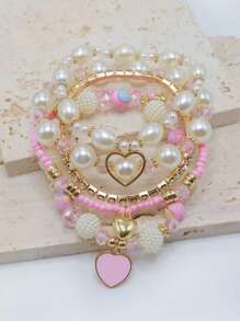 5pcs Pearl & Crystal Beaded Bracelet Set, Fashion Multilayer Wrist Accessories For Women