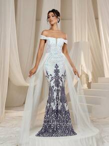 Faeriesty Robe de soirée élégante pour femme avec épaules dénudées, manches courtes, ourlet en queue de poisson et panneaux latéraux en tulle - parfaite pour les galas sur tapis rouge, les dîners de gala, les événements de bal, les réceptions en tenue de soirée et les célébrations de luxe