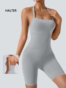 NcmRyu 1 Set Solid Color Women High Elasticity Ribbed Yoga Romper Sleeveless Quick Dry Sweat Wicking Athletic Unitard Perfect For Fitness Yoga Fitness Clothing Modern Athletic Look Seamless Construction Summer Conjunto Deportivo Mujer - Xám - Xem 1