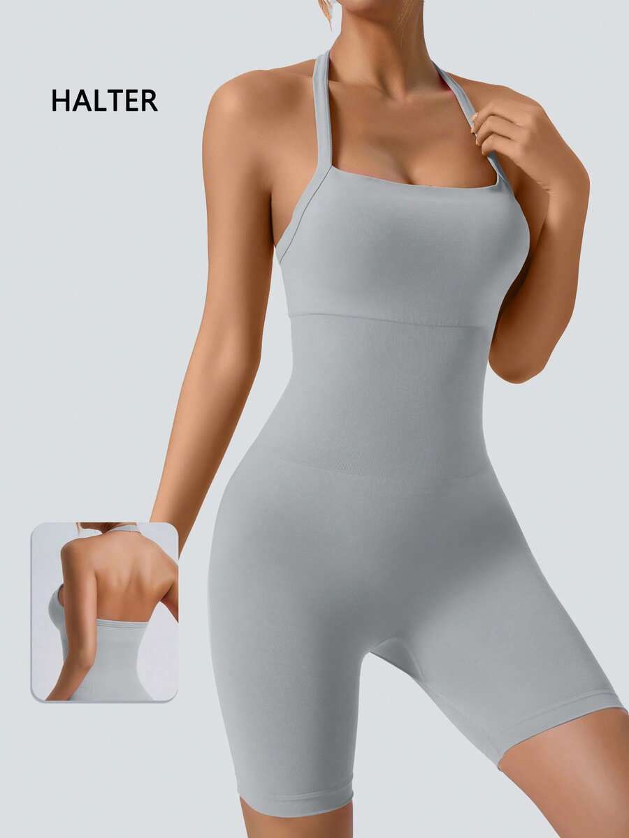 NcmRyu 1 Set Solid Color Women High Elasticity Ribbed Yoga Romper Sleeveless Quick Dry Sweat Wicking Athletic Unitard Perfect For Fitness Yoga Fitness Clothing Modern Athletic Look Seamless Construction Summer Conjunto Deportivo Mujer - Xám - Xem 1