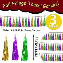 3P Metallic Fringe Tassel Banner Garland Foil Tinsel Streamer Wall Hanging Curtain Backdrop Banner For Parade Floats, Graduation Decorations, Father's Day Party Decoration(Silver)Halloween Christmas New Year - 金色 綠 紫 - 查看 2