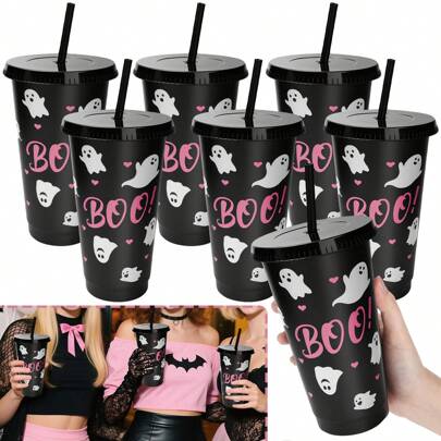 1/3/6 pezzi Bicchieri di plastica a tema fantasma per festa di Ognissanti, con coperchi e cannucce, tazze da festa di Ognissanti nere a fumetti, confezione da grandi quantità per bevande, gelati e snack per la festa di Ognissanti