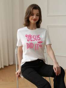 Women's Summer Casual Colorful Letter Jesus Did It Simple Bow Printed Pattern Round Neck T-Shirt Fashionable And Versatile, Girl. Graphic Tees Women White Top - White - View 1
